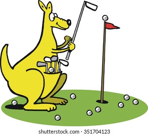 Cartoon of smiling kangaroo playing golf carrying clubs in pouch. 