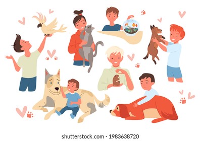 Cartoon smiling kid characters holding cute hamster and parrot, girl boy child pet owner standing, sitting with cat or dog friends.