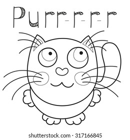 Cartoon smiling kitty, vector illustration of cute purring cat sitting and looking to camera, caressing missed lonely kitten, coloring book page for children