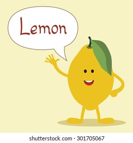 Cartoon smiling lemon with bubble speech, handwritten text