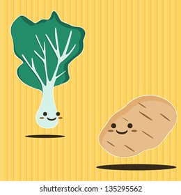 Cartoon Smiling Lettuce and potato
