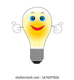 Cartoon smiling light bulb isolated white background.
