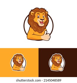 Cartoon smiling lion thumb up character mascot design. Logo in a circle with happy lion for various children activities
