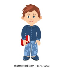 cartoon smiling little boy in night pajamas and home Slippers with a book in hands, vector illustration