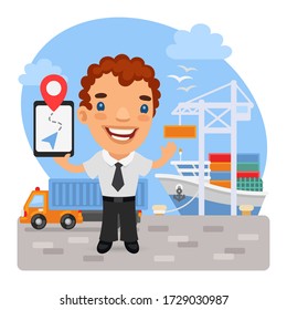 Cartoon smiling logistician stands on a pier in front of a cargo ship and a truck. Composition with a professional man. Flat male character.