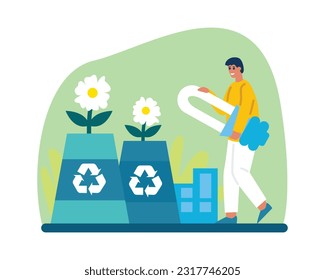 Cartoon smiling man getting electricity from natural resources. Eco friendly urban infrastructure. Alternative clean energy and healthy lifestyle. Vector