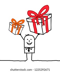 Cartoon Lächelt Mann mit zwei großen Geschenken