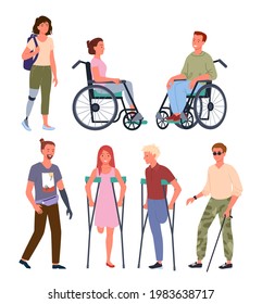 Cartoon smiling man and woman patient handicapped characters standing in a row, sitting in a wheelchair, holding crutches. Disabled handicapped people vector illustration set.