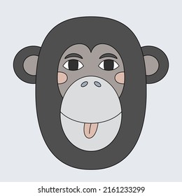Cartoon smiling monkey head. Flat vector illustration for posters, cards, t-shirt design, app, logo, print. Coloring book page. Chimpanzee shows tongue.