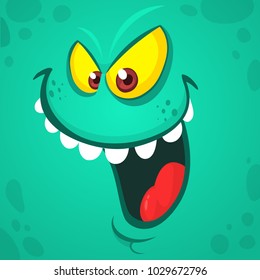 Cartoon smiling monster face. Vector Halloween cute blue  monster avatar