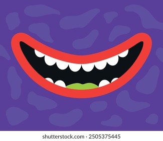 Cartoon smiling monster mouth with fangs. Close up of purple monsters teeth. Smiling creature. Vector illustration