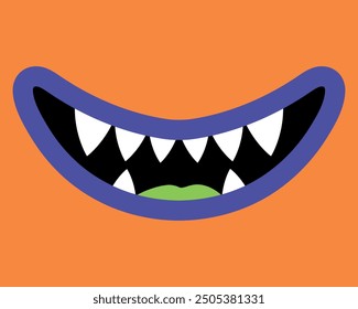 Cartoon smiling monster mouth with fangs. Close up of orange and purple monsters teeth. Smiling creature with sharp teeth. Vector illustration