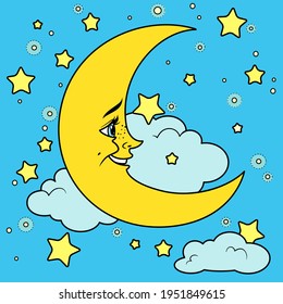 Cartoon smiling moon with clouds color variation for coloring page