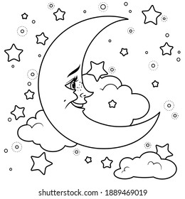 Cartoon smiling moon and clouds outlined for coloring white background