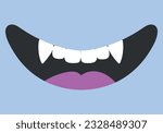 Cartoon smiling mouth with fangs. Monsters or a vampire smile. Cute hand drawn smile. Vector illustration