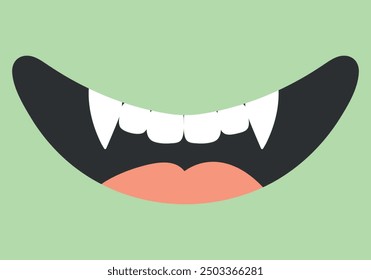 Cartoon smiling mouth of a green monster. Monster smile with fangs. Cute childish style. Vector illustration