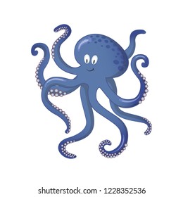Cartoon smiling octopus. Cute blue octopus on a white background isolated. Undersea world.