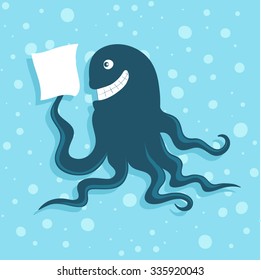 cartoon smiling octopus with paper in the ocean - vector positive illustration.