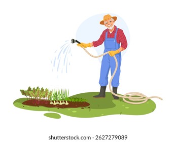 Cartoon smiling old farmer character watering garden bed with hose. Vegetables and fresh green plants growing on soil. Vector gardener worker man in hat, plaid shirt and rubber boots enjoys gardening