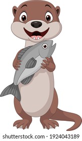 Cartoon smiling otter holding fish