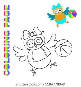 Cartoon smiling owl playing ball. Coloring page for kids