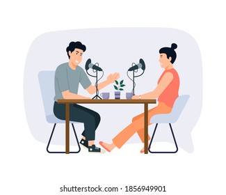 cartoon smiling people listening and recording audio podcast, Podcast in studio flat vector illustration. Female radio host interviewing guests on radio station cartoon characters