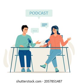 Cartoon smiling people listening and recording audio podcast or online show vector flat illustration. Joyful person radio host interviewing guest, mass media broadcasting isolated on white