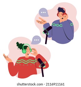 Cartoon smiling people recording audio podcast or online show vector flat illustration. Radio presenter joyful person interviewing guest, broadcast media. Flat vector illustration
