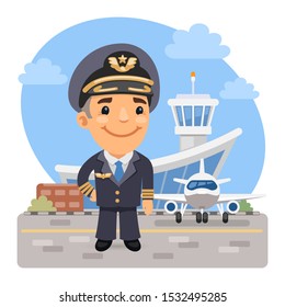 A cartoon smiling pilot of the plane stands on the background of the airport and airbus. Composition with a professional man. Flat male character.