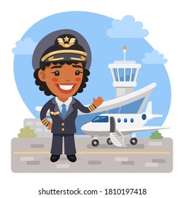 A cartoon smiling pilot of the private plane stands on the background of the airport. Composition with a professional woman. Flat female character.