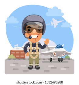 A cartoon smiling pilot stands in front of a military airfield and fighter. Composition with a professional man. Flat male character.