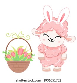 Cartoon smiling pink easter sheep with bunny ears.Vector illustration for invitation,nursery, shower card, prints on t-shirt