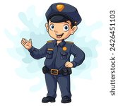 Cartoon smiling policeman waving hand