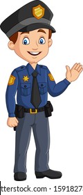 Cartoon Smiling Policeman Waving Hand