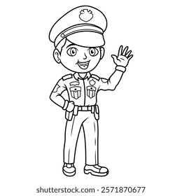 Cartoon smiling policeman waving hand line art