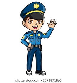 Cartoon smiling policeman waving hand