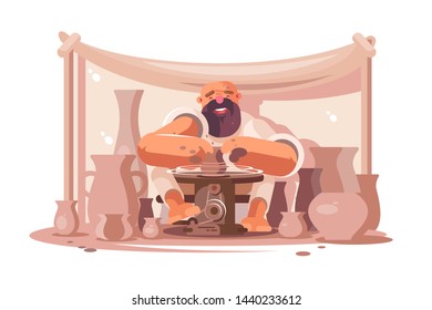 Cartoon smiling potter vector illustration. Happy cheerful man making pots, dishes and other articles made of earthenware or baked clay flat style concept