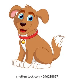 Cartoon Smiling Puppy, Vector Illustration Of Cute Dog Wearing A Red Collar With Gold Tag, Eps 10