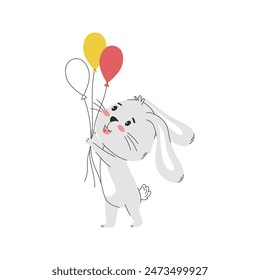 A cartoon smiling rabbit holding festive balloons in its paws. Cute bunny character. Simple vector illustration isolated on a white background