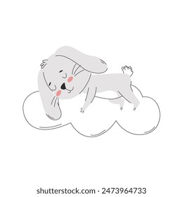 A cartoon smiling rabbit sleeping on a cloud. Cute bunny character. Simple vector illustration isolated on a white background.