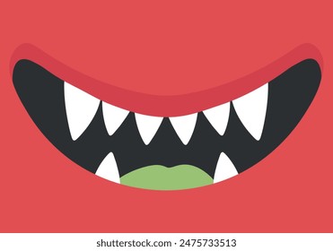 Cartoon smiling red monster mouth with fangs. Monsters teeth. Vector illustration