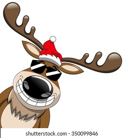 Cartoon smiling reindeer popping up wearing sunglasses isolated