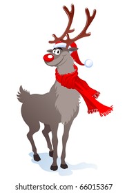 Cartoon smiling reindeer in santa hat