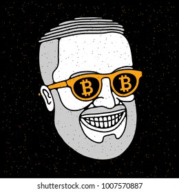 Cartoon smiling rich man with beard and bitcoin glasses. Vector illustration on grunge texture background.