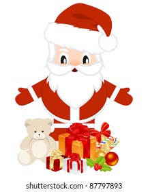 Cartoon smiling santa with christmas gifts. Vector illustration, isolated on a white.