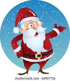 Cartoon smiling Santa claus on snow background