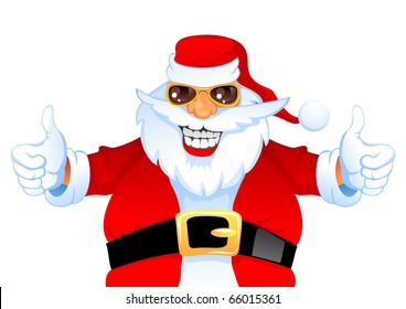 Cartoon Smiling Santa Claus shows thumb up, isolated on white