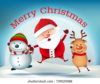 Cartoon Smiling Santa Claus and snowman with reindeer, High detailed vector illustration ,Happy Merry Christmas and happy new year companions. snowman on night background