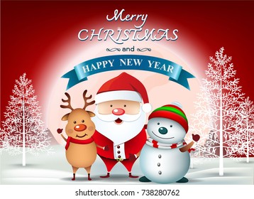 Cartoon Smiling Santa Clause and snowman with reindeer, High detailed vector illustration ,Happy Merry Christmas and happy new year companions. snowman on night background