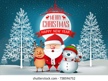 Cartoon Smiling Santa Clause and snowman with reindeer, High detailed vector illustration ,Happy Merry Christmas and happy new year companions. snowman on night background